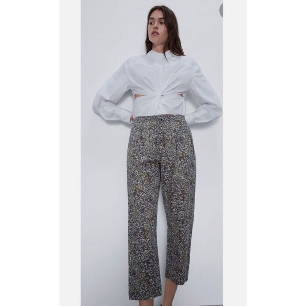 ZARA Floral Print Linen/Cotton Blend Pants Size XS
